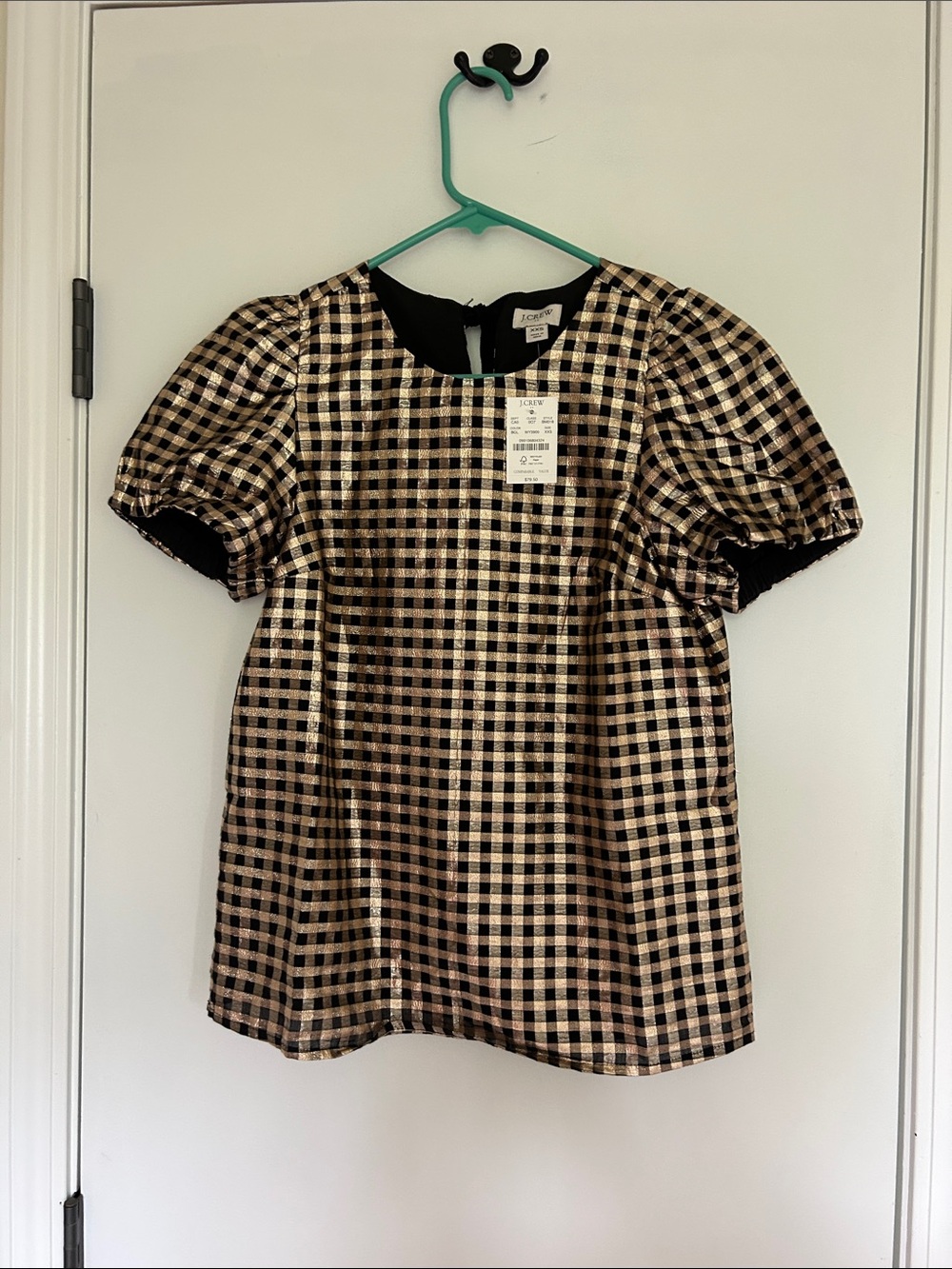 J. Crew Black and Gold Gingham Puff-Sleeve Blouse